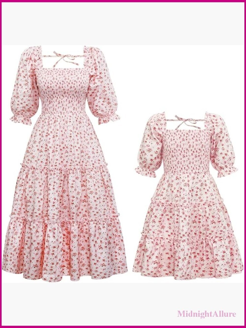 Matching Mother Daughter Floral Ruffled Lantern Sleeve A-Line Midi Dress